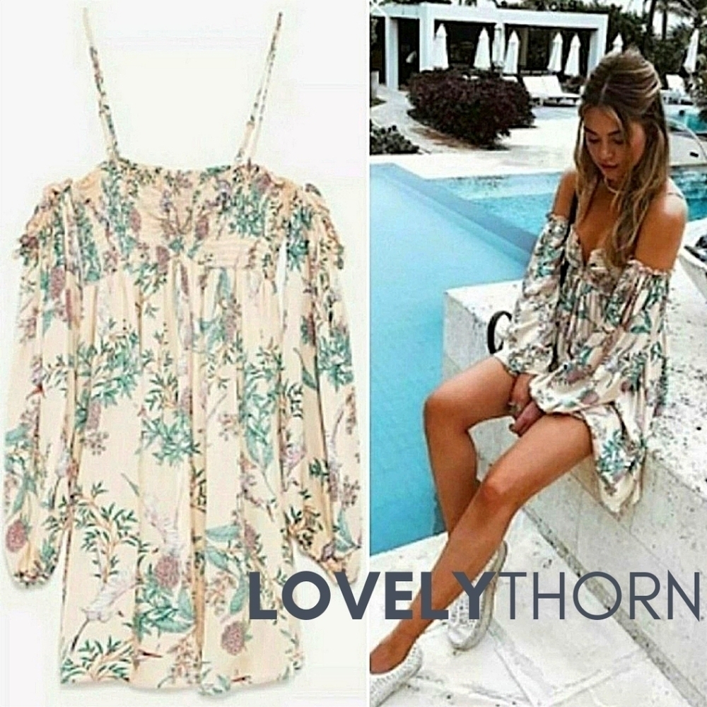 ZARA // ltd ed crane floral print satin off the shoulder sweetheart mini dress